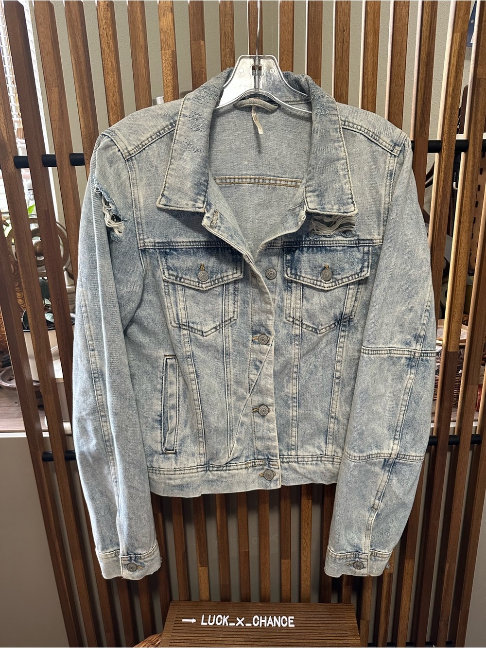 Free People We The Free Rumors Distressed Denim Jacket Light Wash Large